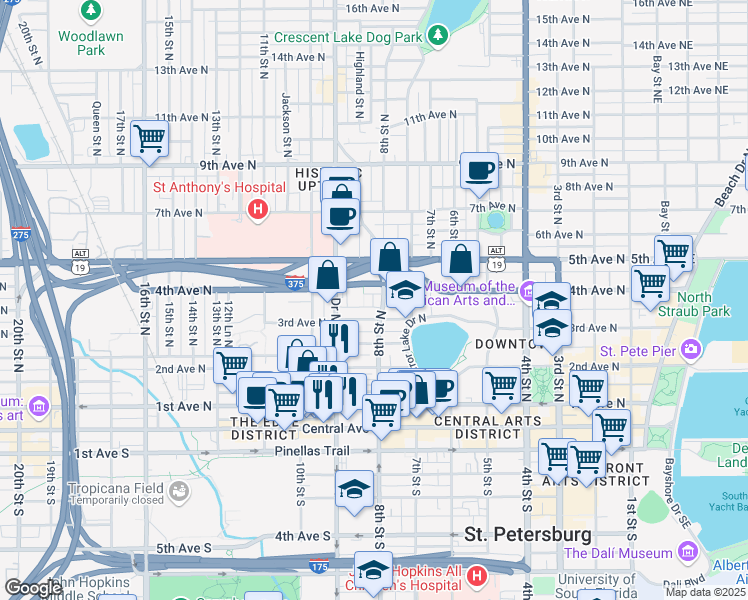 map of restaurants, bars, coffee shops, grocery stores, and more near 340 8th Street North in St. Petersburg