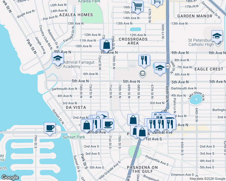 map of restaurants, bars, coffee shops, grocery stores, and more near 7042 Dartmouth Avenue North in St. Petersburg