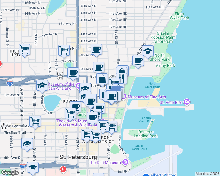 map of restaurants, bars, coffee shops, grocery stores, and more near 105 3rd Avenue Northeast in St. Petersburg