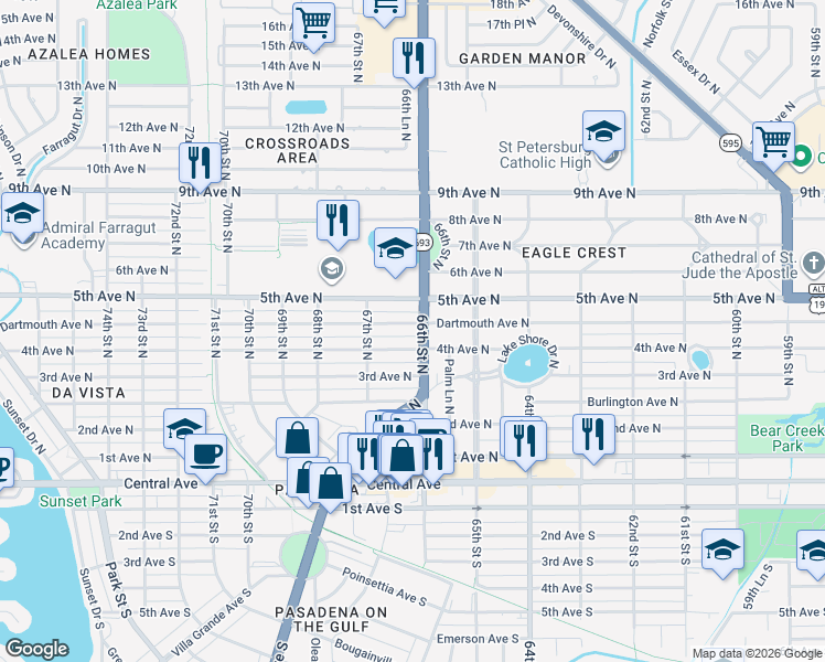 map of restaurants, bars, coffee shops, grocery stores, and more near 6635 4th Avenue North in St. Petersburg