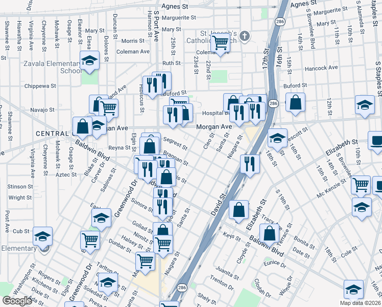 map of restaurants, bars, coffee shops, grocery stores, and more near 2413 Cleo Street in Corpus Christi