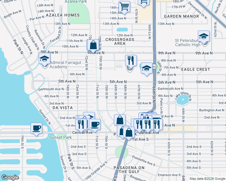map of restaurants, bars, coffee shops, grocery stores, and more near 6901 4th Avenue North in St. Petersburg