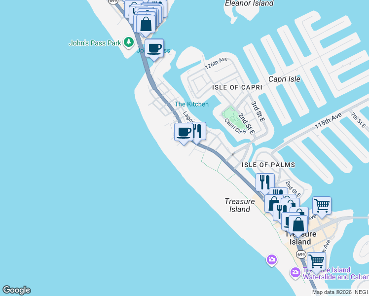 map of restaurants, bars, coffee shops, grocery stores, and more near 120TH 112th Avenue A in Treasure Island