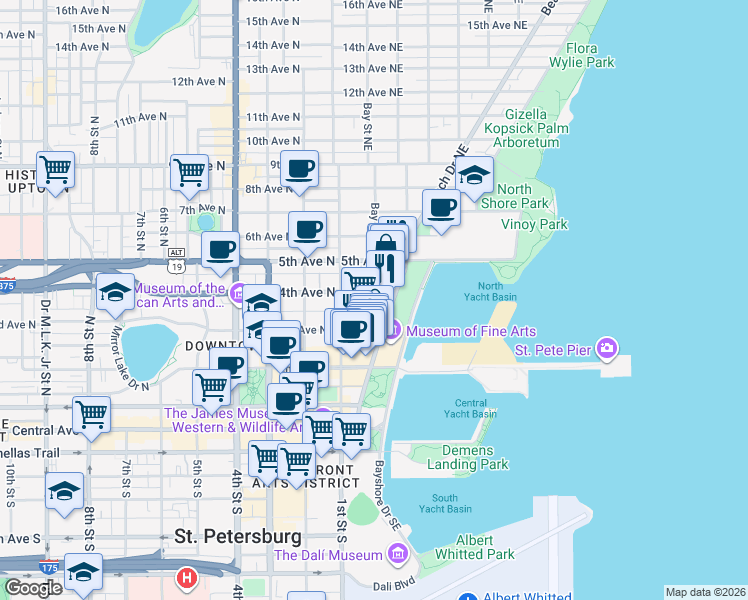 map of restaurants, bars, coffee shops, grocery stores, and more near 120 Beach Drive Northeast in St. Petersburg