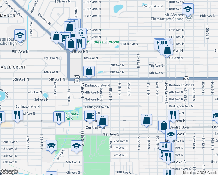 map of restaurants, bars, coffee shops, grocery stores, and more near 5521 4th Avenue North in St. Petersburg