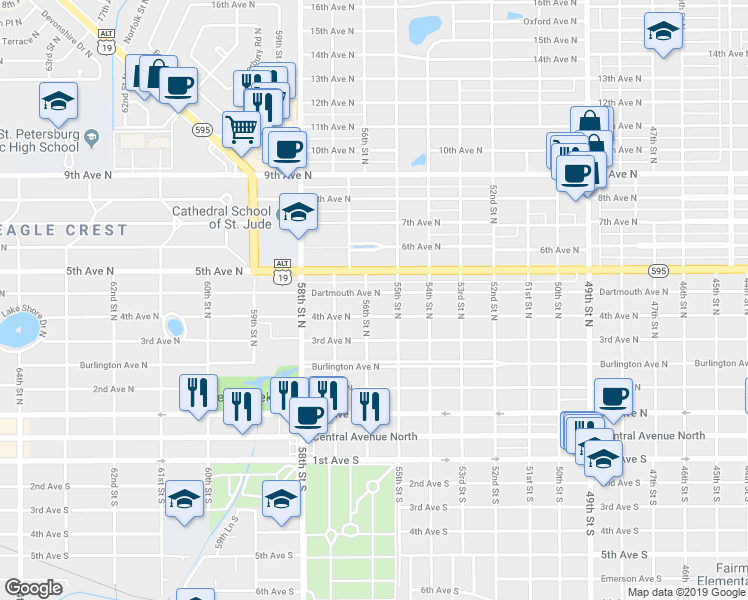 map of restaurants, bars, coffee shops, grocery stores, and more near 5521 4th Avenue North in St. Petersburg