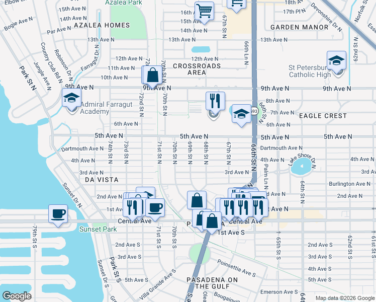map of restaurants, bars, coffee shops, grocery stores, and more near 6901 4th Avenue North in St. Petersburg