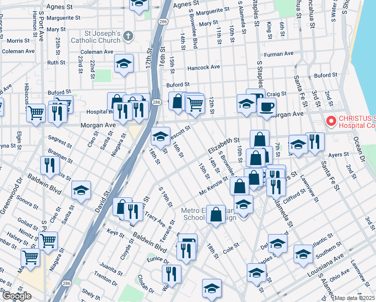 map of restaurants, bars, coffee shops, grocery stores, and more near 1449 16th Street in Corpus Christi