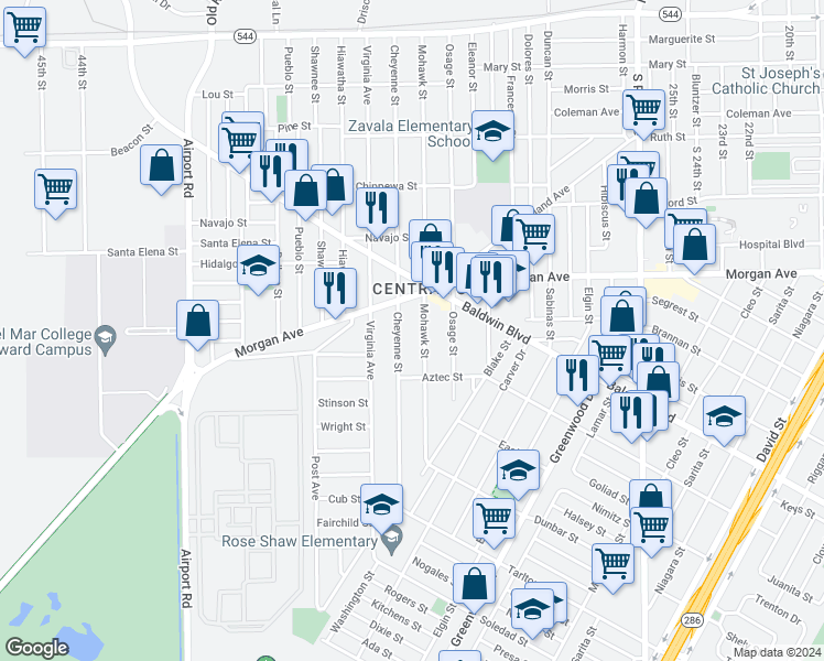 map of restaurants, bars, coffee shops, grocery stores, and more near 644 Cheyenne Street in Corpus Christi