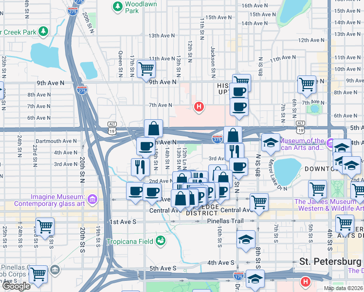 map of restaurants, bars, coffee shops, grocery stores, and more near 377 13th Street North in St. Petersburg