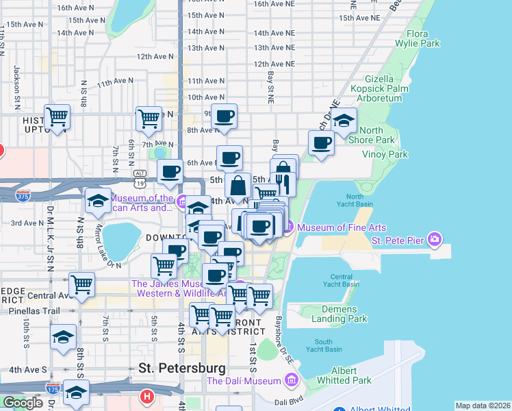 map of restaurants, bars, coffee shops, grocery stores, and more near 351 1st Street Northeast in St. Petersburg