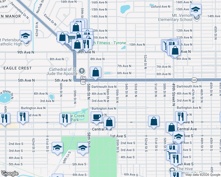 map of restaurants, bars, coffee shops, grocery stores, and more near 5521 4th Avenue North in St. Petersburg