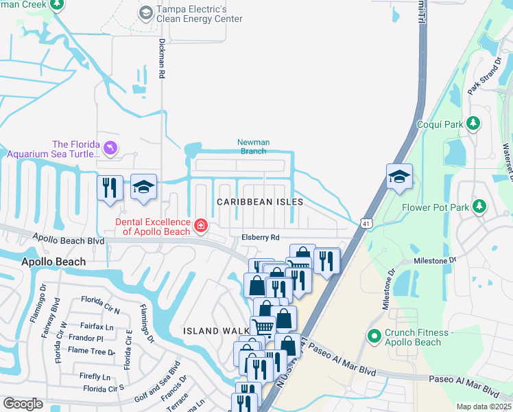 map of restaurants, bars, coffee shops, grocery stores, and more near 105 Saint Martins Way in Apollo Beach