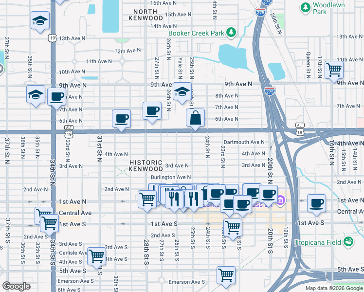 map of restaurants, bars, coffee shops, grocery stores, and more near 2544 4th Avenue North in St. Petersburg