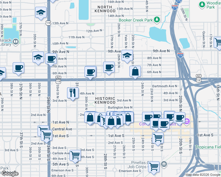map of restaurants, bars, coffee shops, grocery stores, and more near 2748 4th Avenue North in St. Petersburg