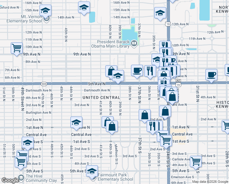map of restaurants, bars, coffee shops, grocery stores, and more near 3945 4th Avenue North in St. Petersburg