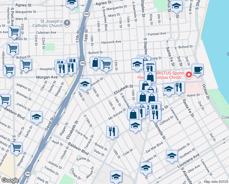 map of restaurants, bars, coffee shops, grocery stores, and more near 1514 14th Street in Corpus Christi