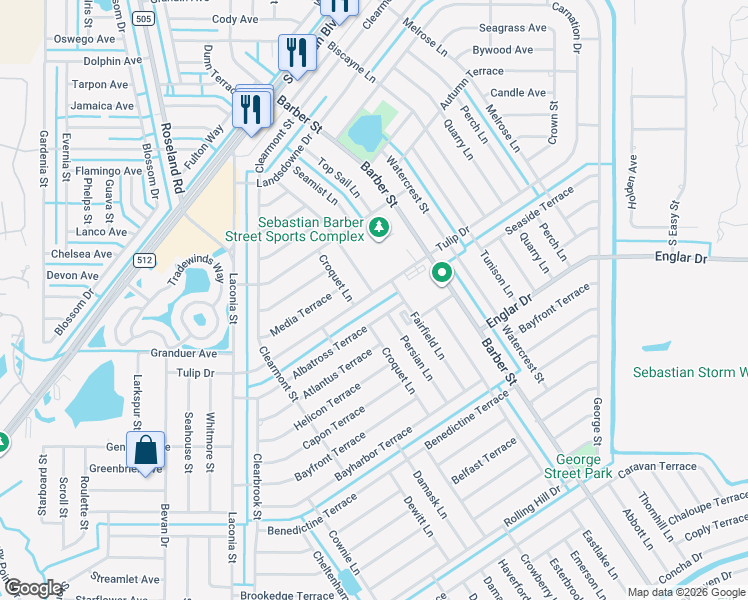 map of restaurants, bars, coffee shops, grocery stores, and more near 674 Tulip Drive in Sebastian