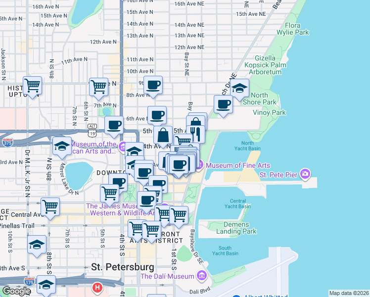 map of restaurants, bars, coffee shops, grocery stores, and more near 146 4th Avenue Northeast in St. Petersburg
