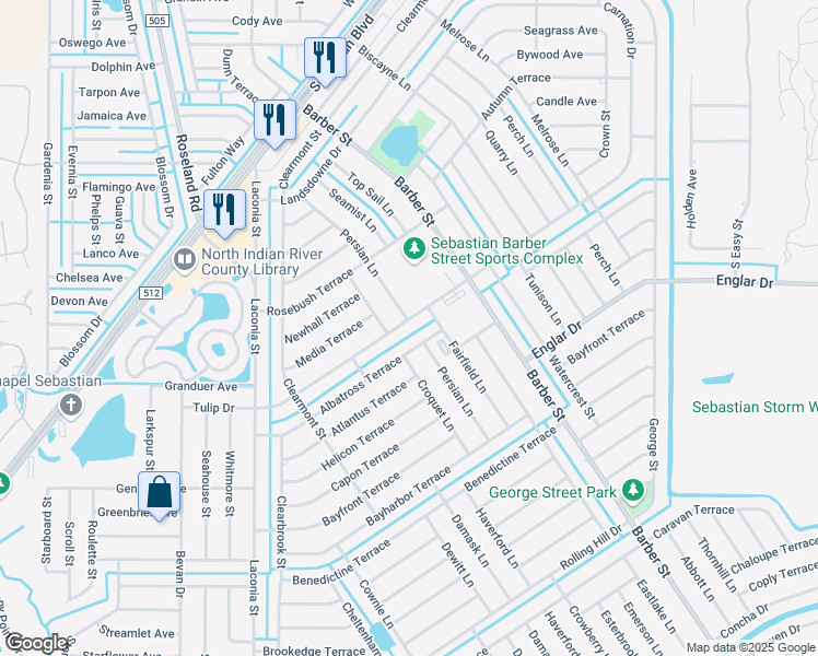 map of restaurants, bars, coffee shops, grocery stores, and more near 674 Tulip Drive in Sebastian