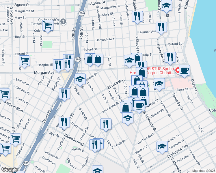 map of restaurants, bars, coffee shops, grocery stores, and more near 1514 14th Street in Corpus Christi