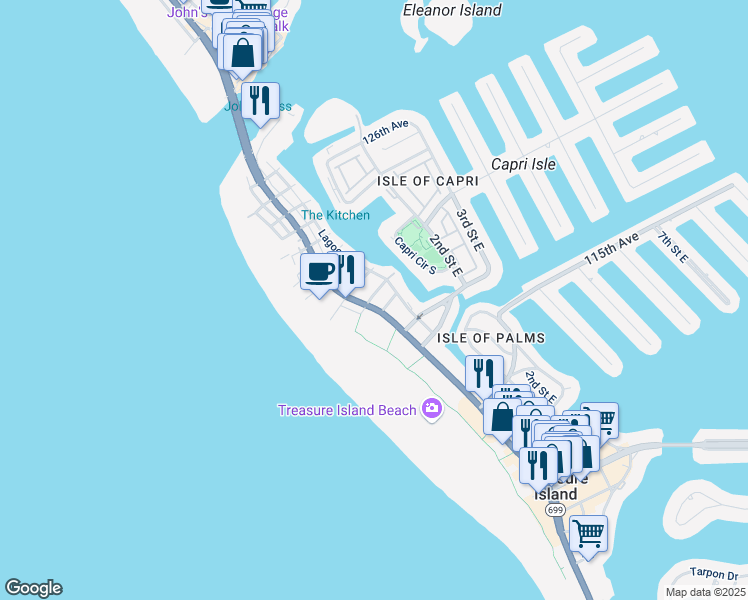 map of restaurants, bars, coffee shops, grocery stores, and more near 11875 Gulf Boulevard in Saint Petersburg