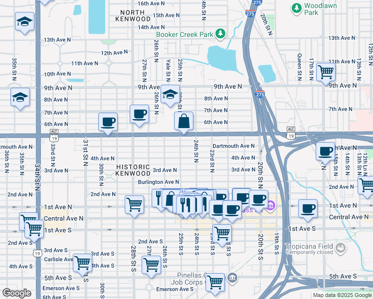 map of restaurants, bars, coffee shops, grocery stores, and more near 2434 4th Avenue North in St. Petersburg
