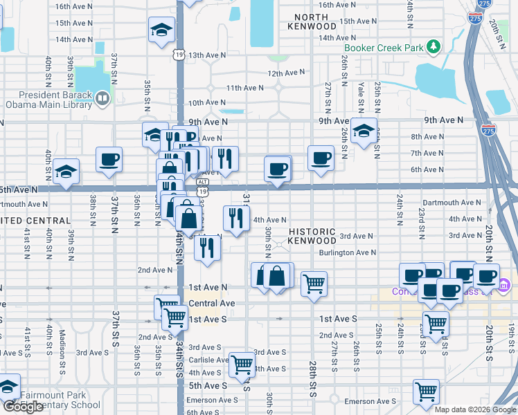 map of restaurants, bars, coffee shops, grocery stores, and more near 3022 Dartmouth Avenue North in Saint Petersburg