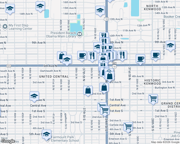 map of restaurants, bars, coffee shops, grocery stores, and more near 3636 5th Avenue North in St. Petersburg