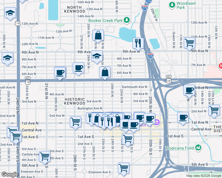 map of restaurants, bars, coffee shops, grocery stores, and more near 2420 5th Avenue North in St. Petersburg