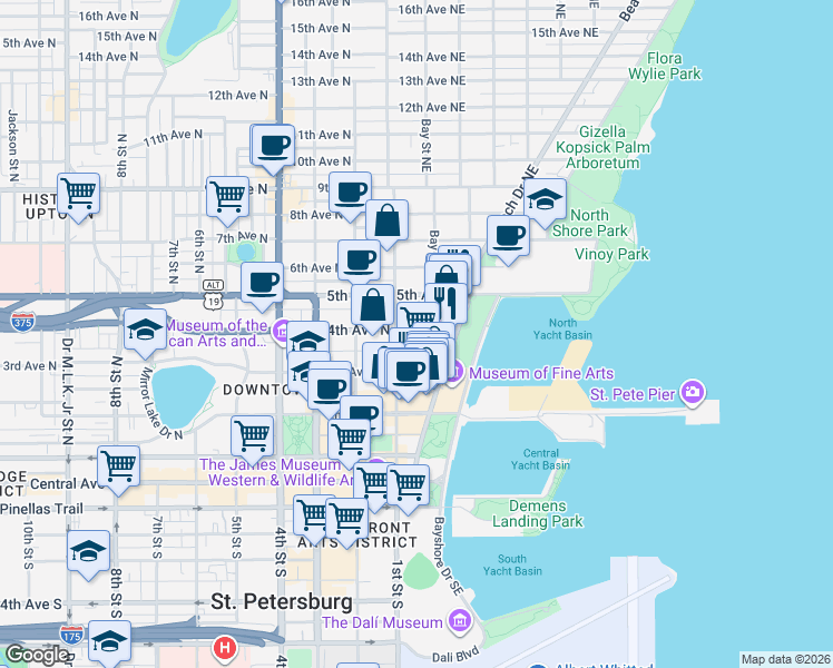 map of restaurants, bars, coffee shops, grocery stores, and more near 126 4th Avenue Northeast in St. Petersburg