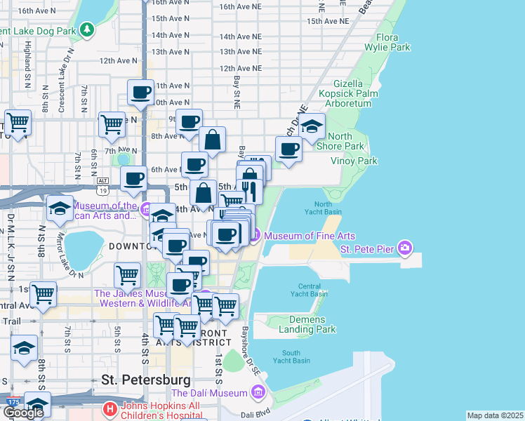 map of restaurants, bars, coffee shops, grocery stores, and more near 400 Bayshore Drive Northeast in St. Petersburg