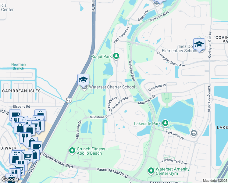 map of restaurants, bars, coffee shops, grocery stores, and more near 6526 Park Strand Drive in Apollo Beach