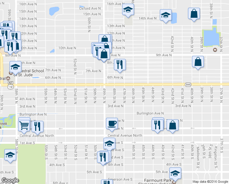 map of restaurants, bars, coffee shops, grocery stores, and more near 445 48th Street North in St. Petersburg