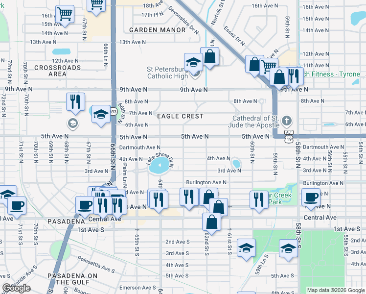 map of restaurants, bars, coffee shops, grocery stores, and more near 452 63rd Street North in Saint Petersburg