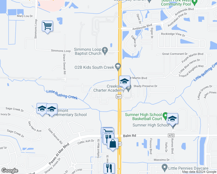 map of restaurants, bars, coffee shops, grocery stores, and more near 14005 U.S. 301 in Riverview