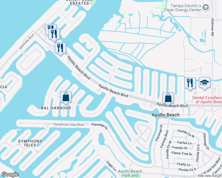 map of restaurants, bars, coffee shops, grocery stores, and more near 6505 Abaco Drive in Apollo Beach