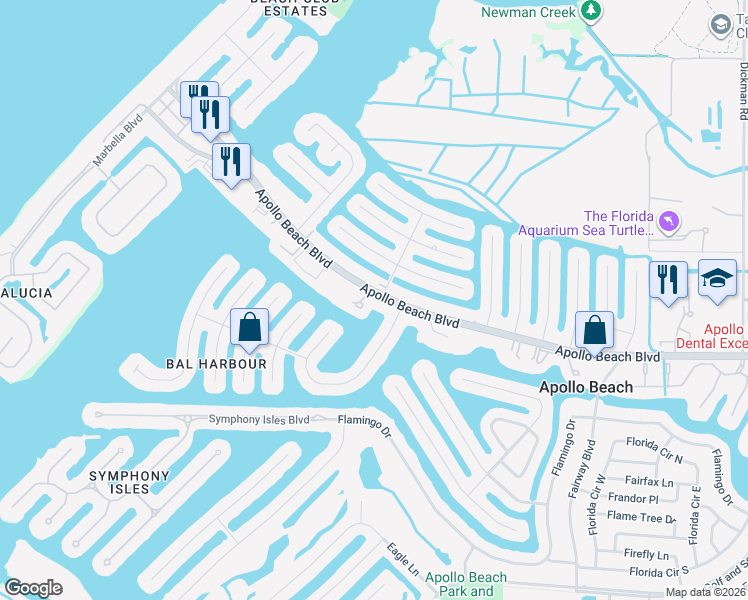 map of restaurants, bars, coffee shops, grocery stores, and more near 6505 Abaco Drive in Apollo Beach
