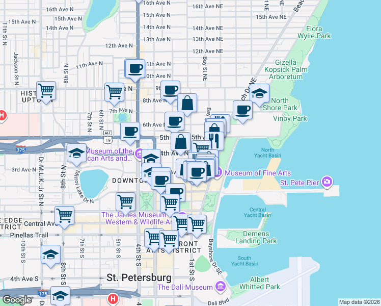 map of restaurants, bars, coffee shops, grocery stores, and more near 105 4th Avenue Northeast in St. Petersburg