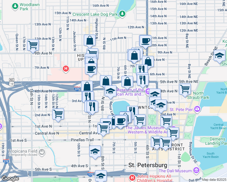 map of restaurants, bars, coffee shops, grocery stores, and more near 755 4th Avenue North in St. Petersburg
