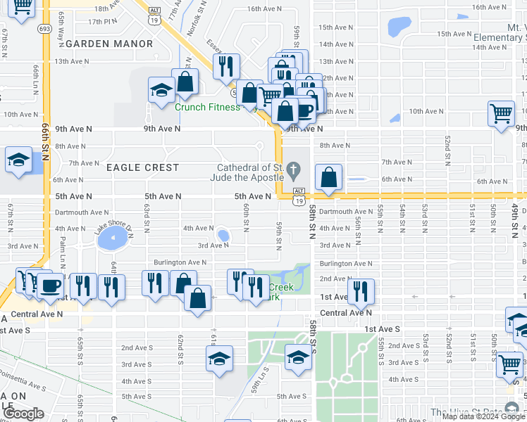 map of restaurants, bars, coffee shops, grocery stores, and more near 5900 5th Avenue North in St. Petersburg