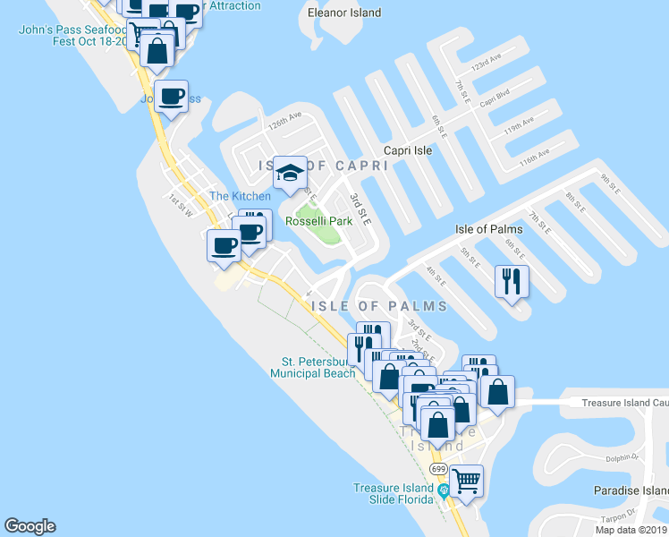 map of restaurants, bars, coffee shops, grocery stores, and more near 11760 Capri Circle South in Treasure Island