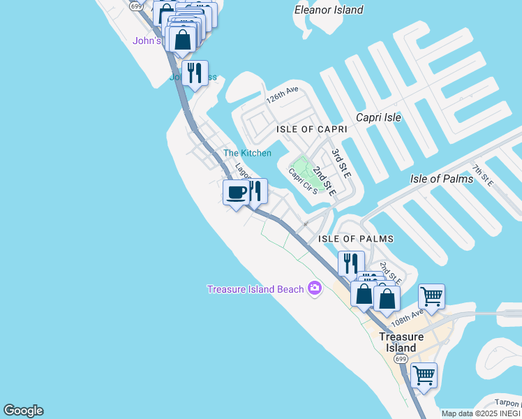 map of restaurants, bars, coffee shops, grocery stores, and more near 118 120th Avenue in Treasure Island