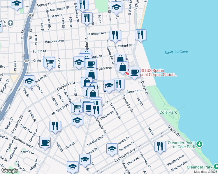 map of restaurants, bars, coffee shops, grocery stores, and more near 725 Elizabeth Street in Corpus Christi