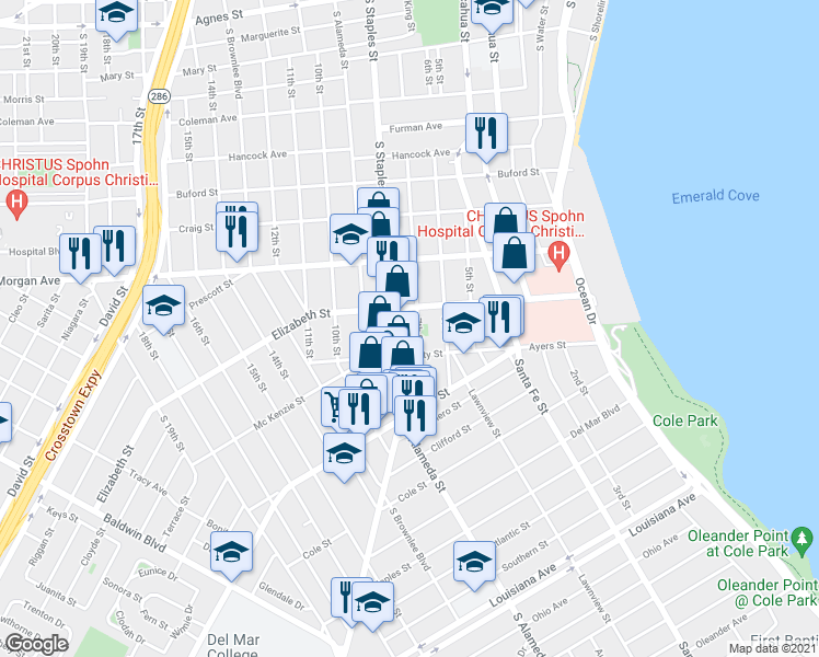 map of restaurants, bars, coffee shops, grocery stores, and more near 1329 7th Street in Corpus Christi