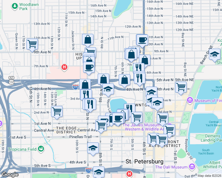 map of restaurants, bars, coffee shops, grocery stores, and more near 755 4th Avenue North in St. Petersburg