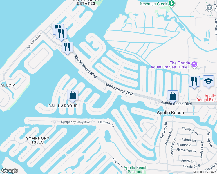 map of restaurants, bars, coffee shops, grocery stores, and more near 6505 Abaco Drive in Apollo Beach