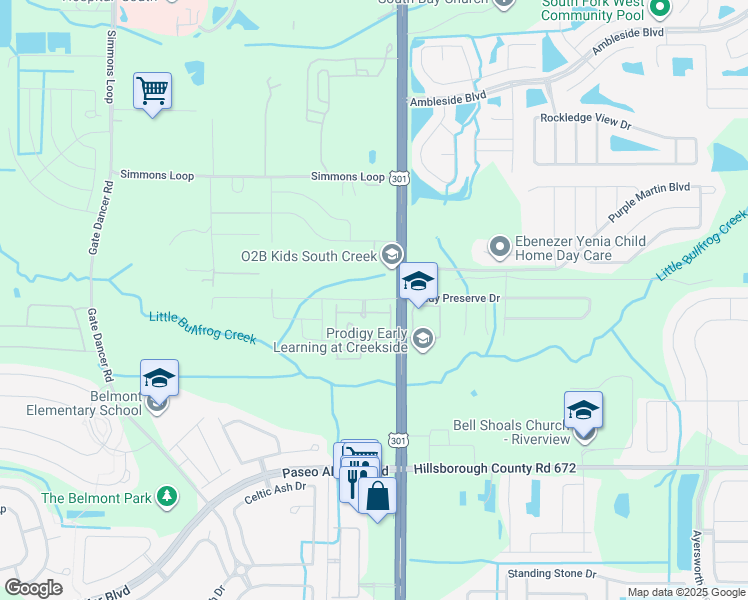 map of restaurants, bars, coffee shops, grocery stores, and more near 14005 U.S. 301 in Riverview