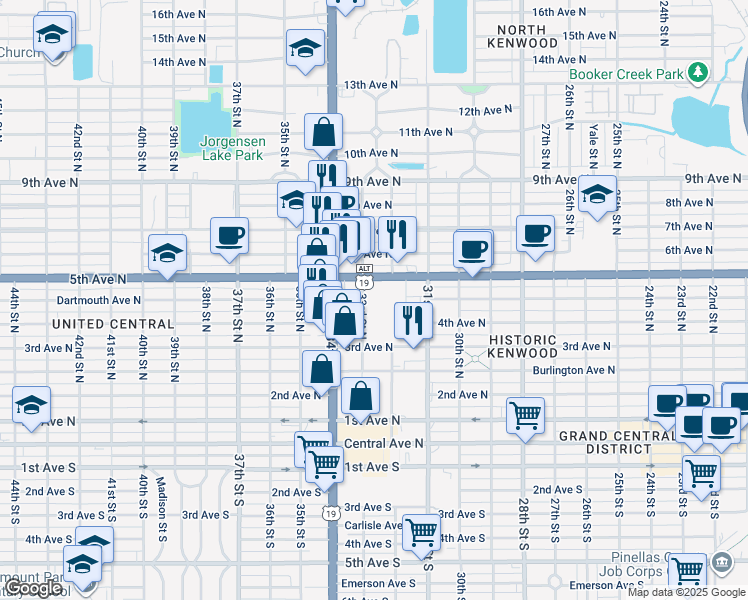 map of restaurants, bars, coffee shops, grocery stores, and more near 441 33rd Street North in St. Petersburg