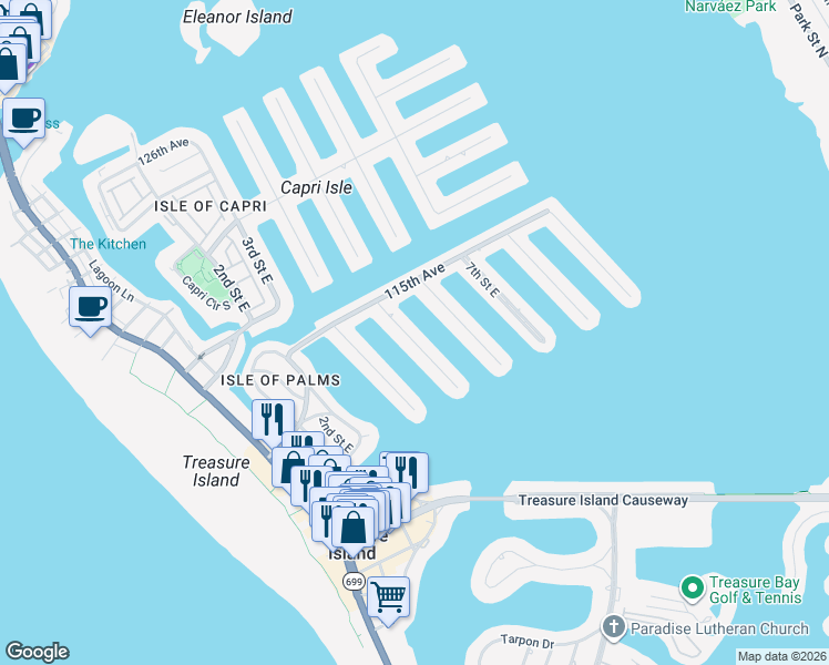 map of restaurants, bars, coffee shops, grocery stores, and more near 11385 5th Street East in Treasure Island